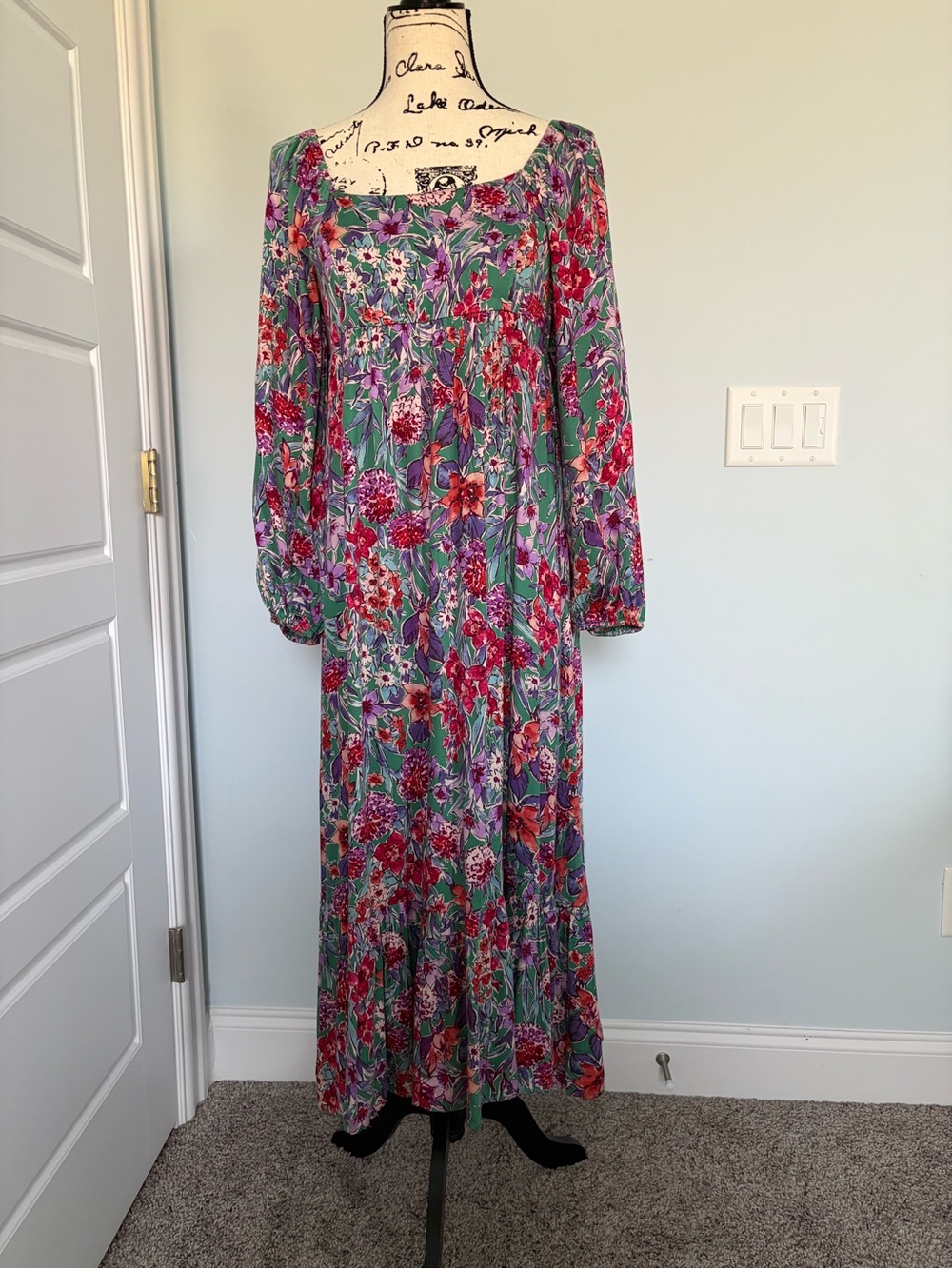 Floral Long Sleeve Midi Dress in Green and Purple